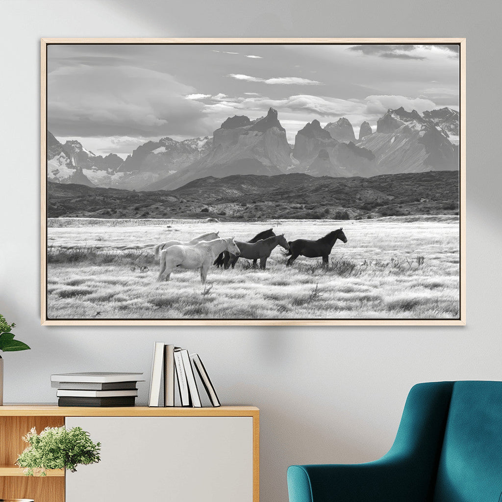 Wild Horses Wall Art | Framed Black White Mountain Canvas