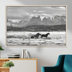 Wild Horses Wall Art | Framed Black White Mountain Canvas