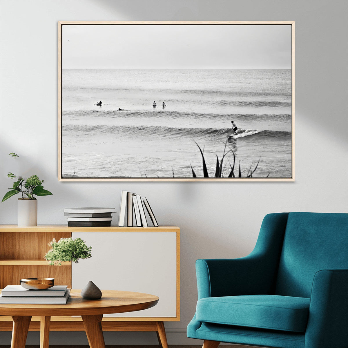 Surfer Silhouette Wall Art | Framed Calm Ocean Canvas