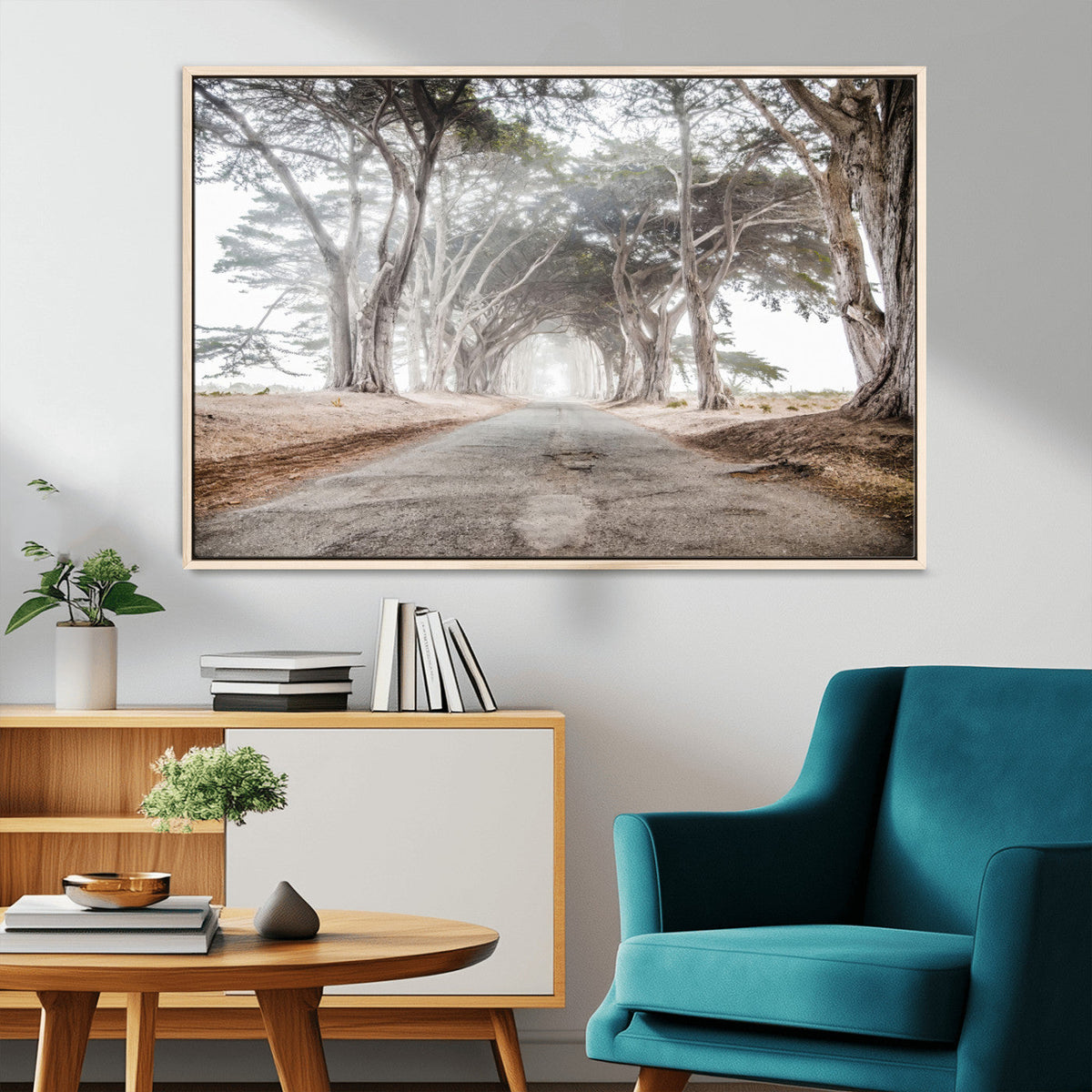Cypress Tunnel Wall Art | Framed Misty Road Canvas Artwork