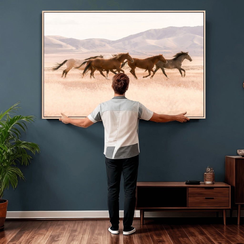 Wild Horse Wall Art Canvas Print, Framed Rustic Western Art, Desert Horse Scene