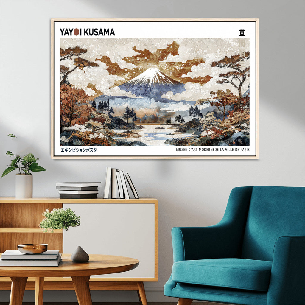 Modern Japanese Wall Art Canvas Print, Framed Abstract Mount Fuji Landscape, Yayoi Kusama Canvas Wall Art