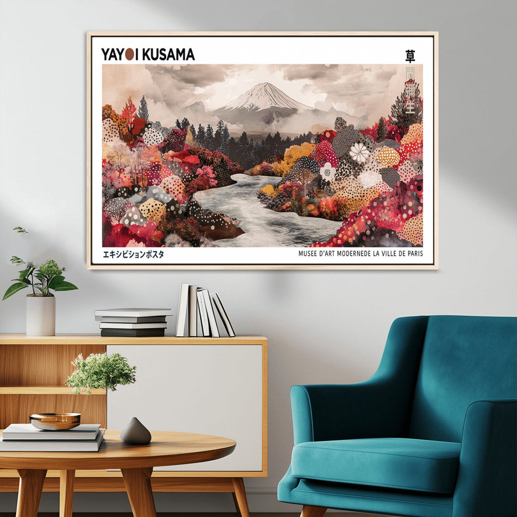 Modern Japanese Wall Art Canvas Print, Framed Abstract Mount Fuji Art, Yayoi Kusama Japanese Landscape