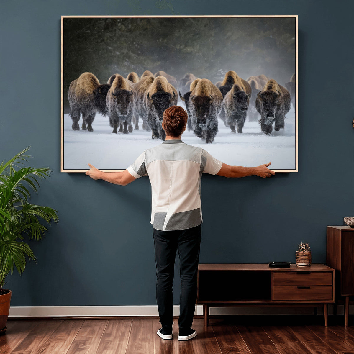 Bison Herd Wall Art Canvas Print, Framed Rustic Wildlife Decor, Snowy Bison Landscape
