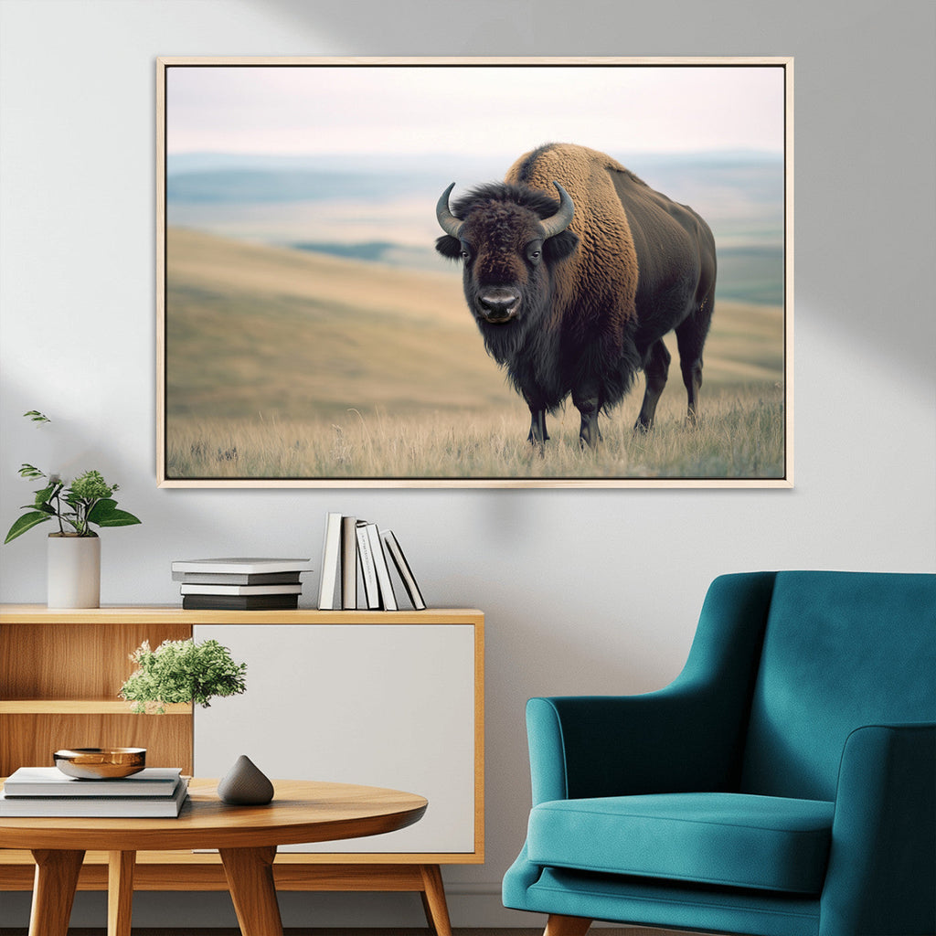Bison Wall Art Canvas Print, Framed American Buffalo Rustic Western Artwork