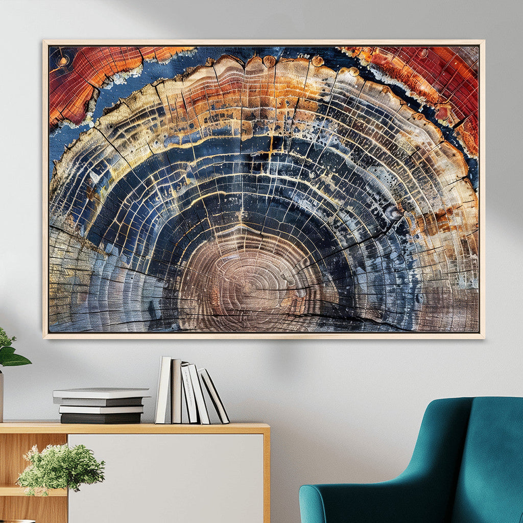 Tree Rings Wall Art Canvas Print, Framed Petrified Wood Art, Modern Rustic Decor