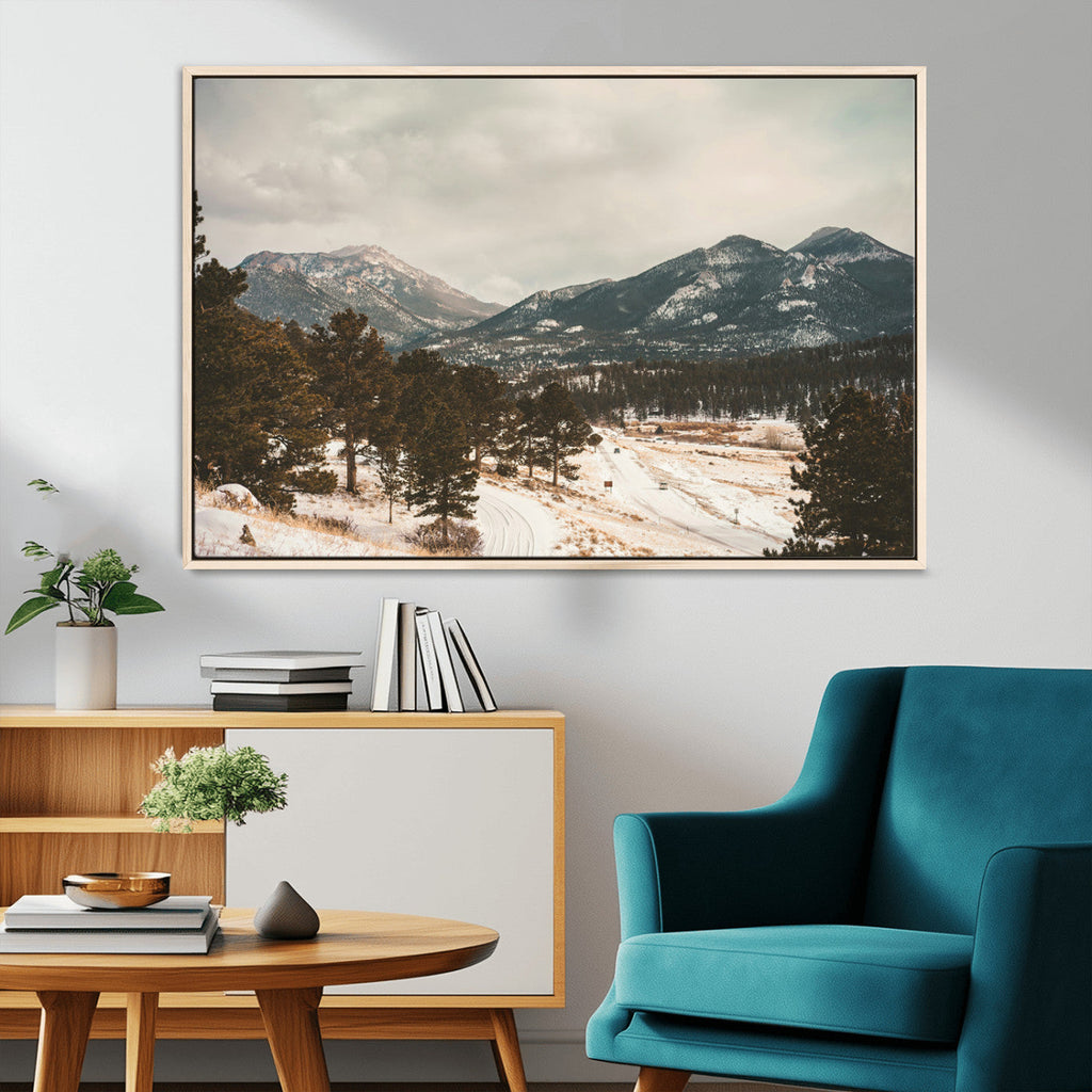Mountain Landscape Wall Art Canvas Print, Framed Snowy Peaks Alpine Winter