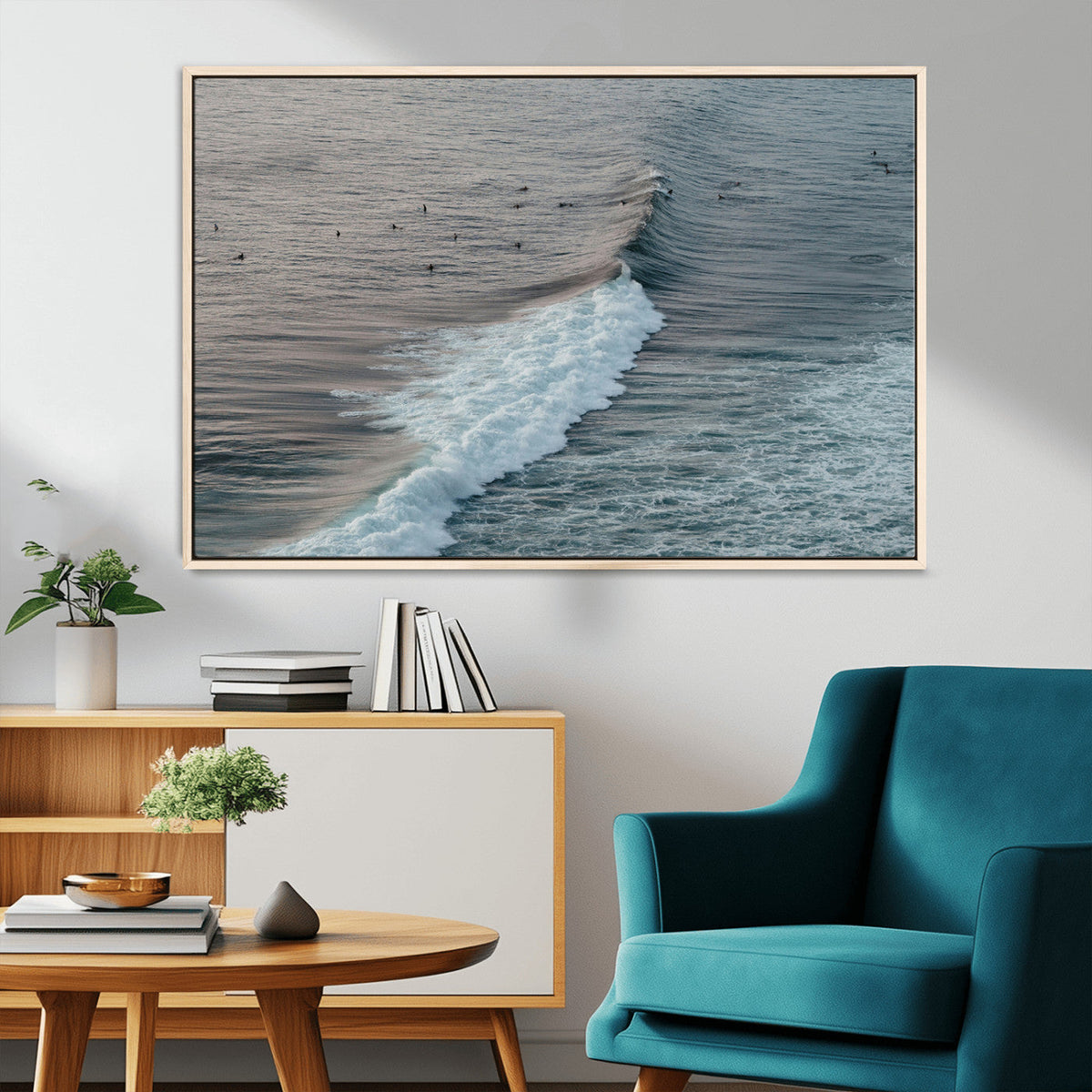 Ocean Waves Wall Art Canvas Print, Framed Coastal Serenity Surf Scene