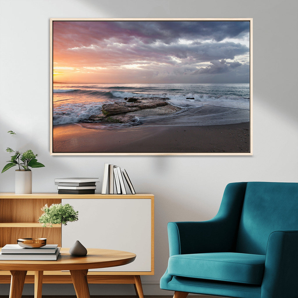 Golden Hour Wall Art Canvas Print, Framed Tranquil Waves Beach Sunset