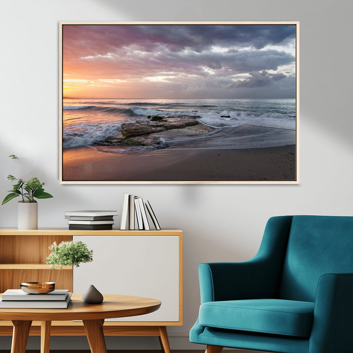 Golden Hour Wall Art Canvas Print, Framed Tranquil Waves Beach Sunset