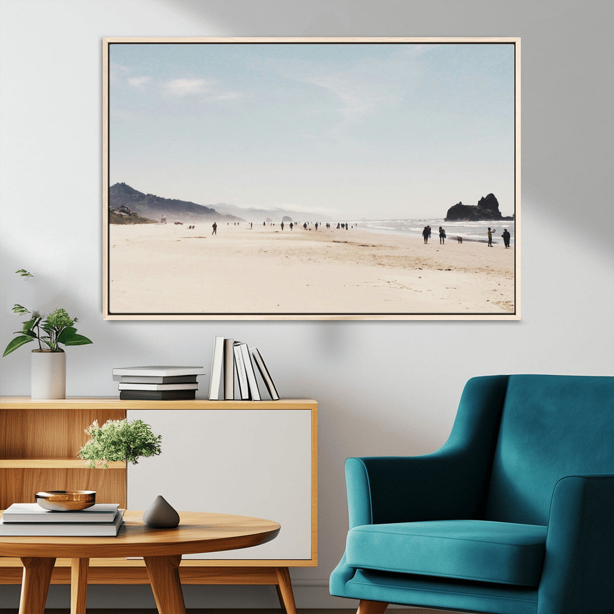 Minimalist Beach Wall Art Canvas Print, Framed Coastal Serenity Soft Sand
