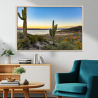 Saguaro Cactus Wall Art Canvas Print, Framed Desert Sunset Southwestern