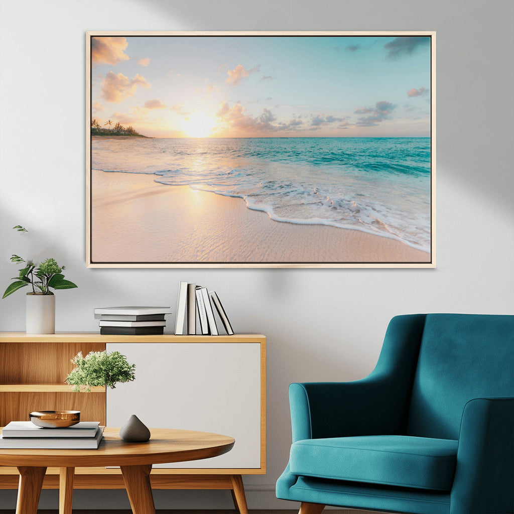 Beach Sunset Wall Art Canvas Print, Framed Ocean Waves Summer Escape