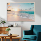 Beach Sunset Wall Art Canvas Print, Framed Ocean Waves Summer Escape