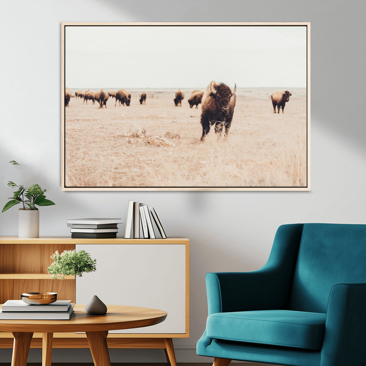 Bison Herd Wall Art Canvas Print, Framed Western Prairie Serenity