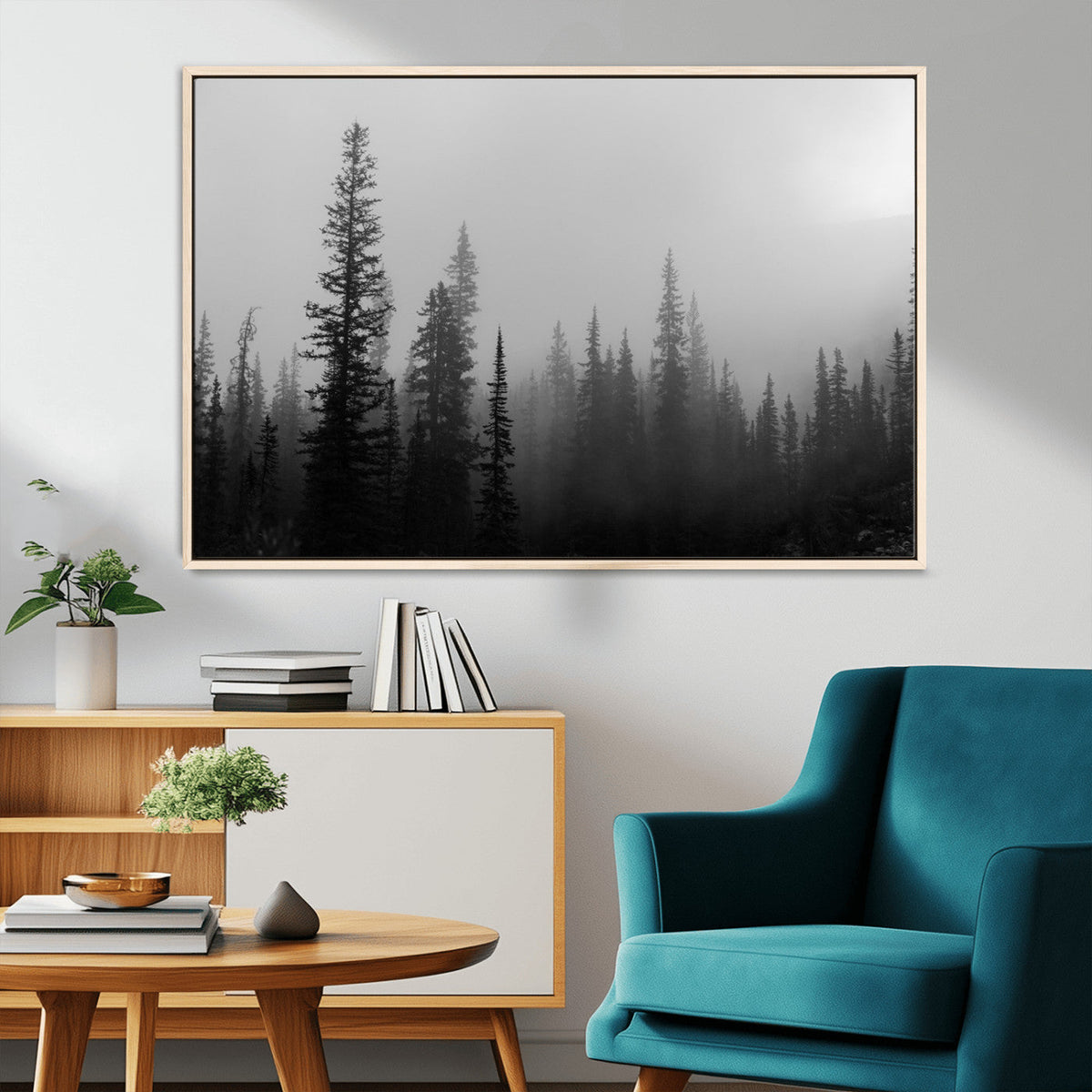 Misty Pines Wall Art Canvas Print, Framed Woodland Minimalist Black and White