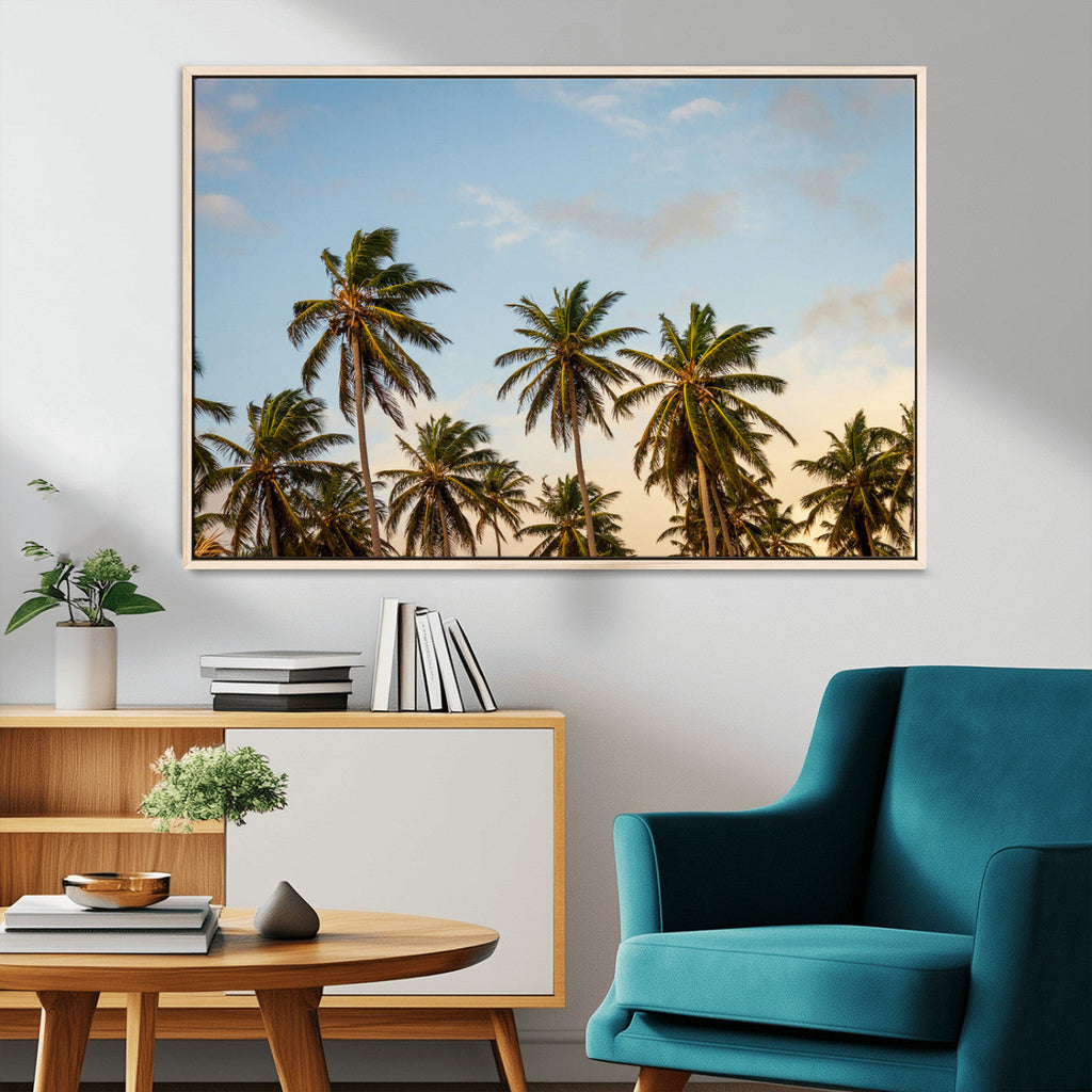 Palm Trees Wall Art Canvas Print, Framed Tropical Vibes Coastal Sunset