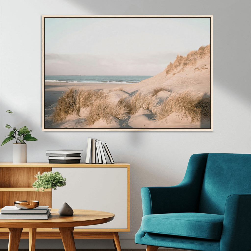 Beach Landscape Wall Art Canvas Print, Framed Sand Dune Photography, Minimalist Seascape Coastal Decor