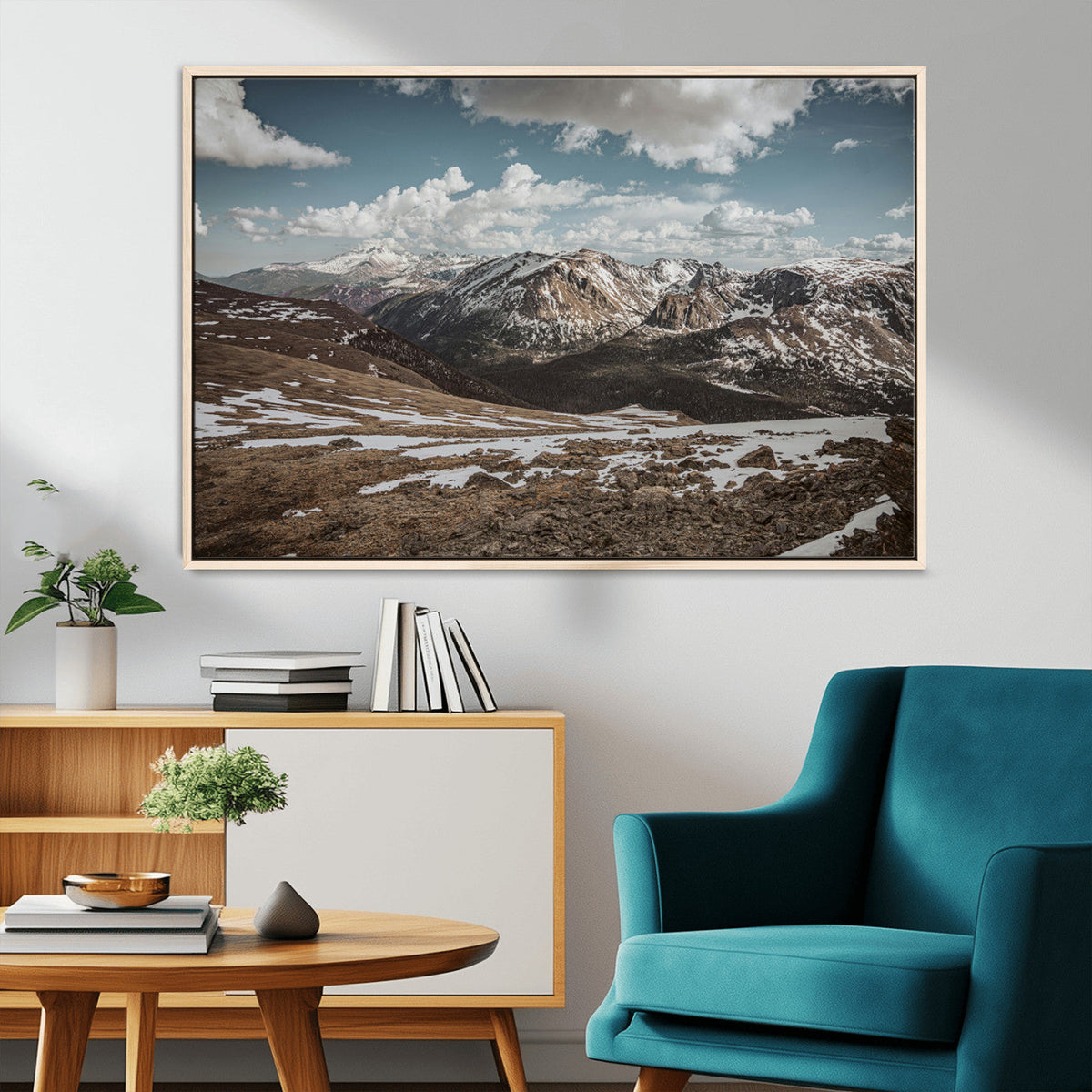 Mountain Landscape Wall Art Canvas Print, Framed Snowy Peaks Art, Rugged Highlands Rustic Adventure Decor