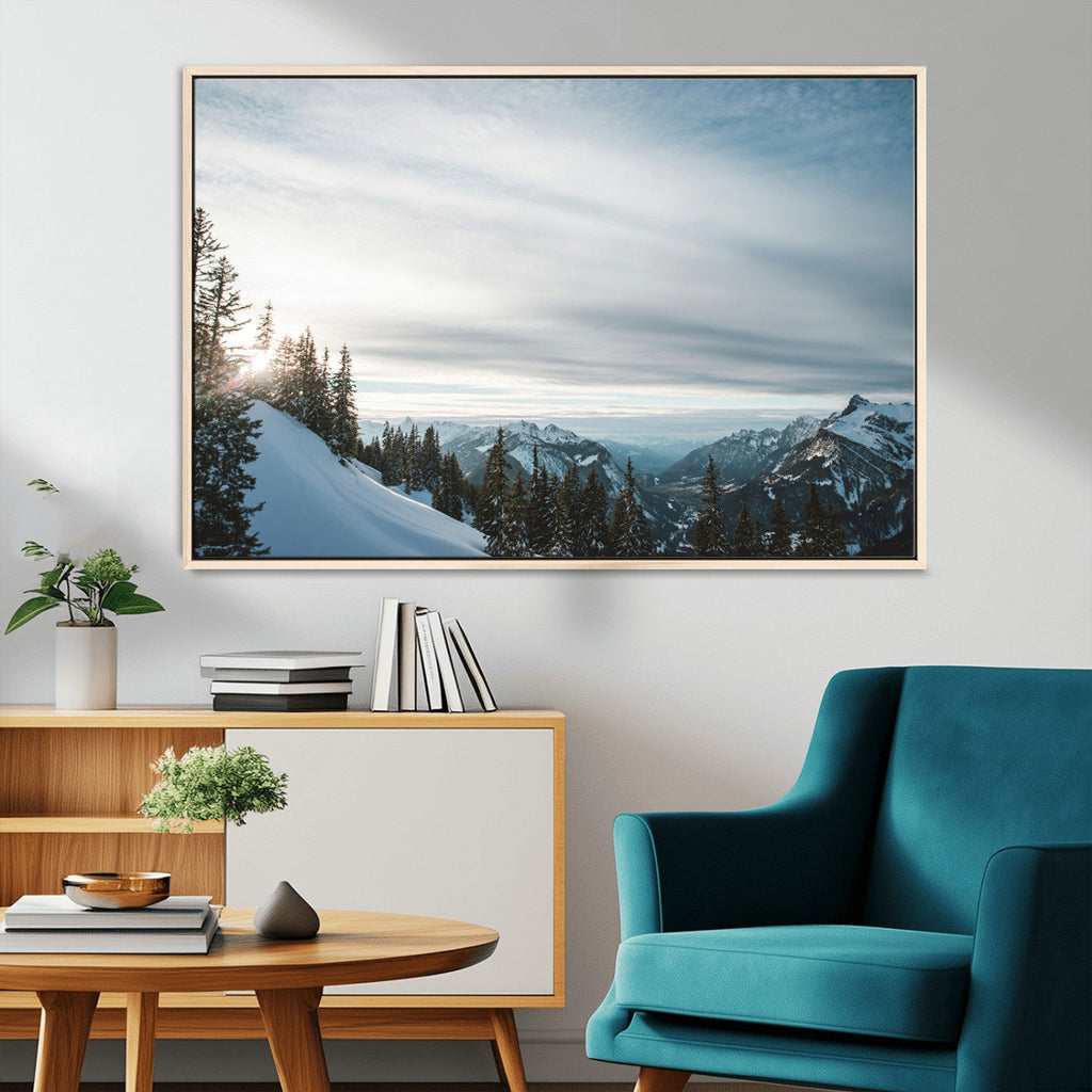 Snowy Mountains Wall Art Canvas Print, Framed Alpine Landscape Frosty Peaks Artwork