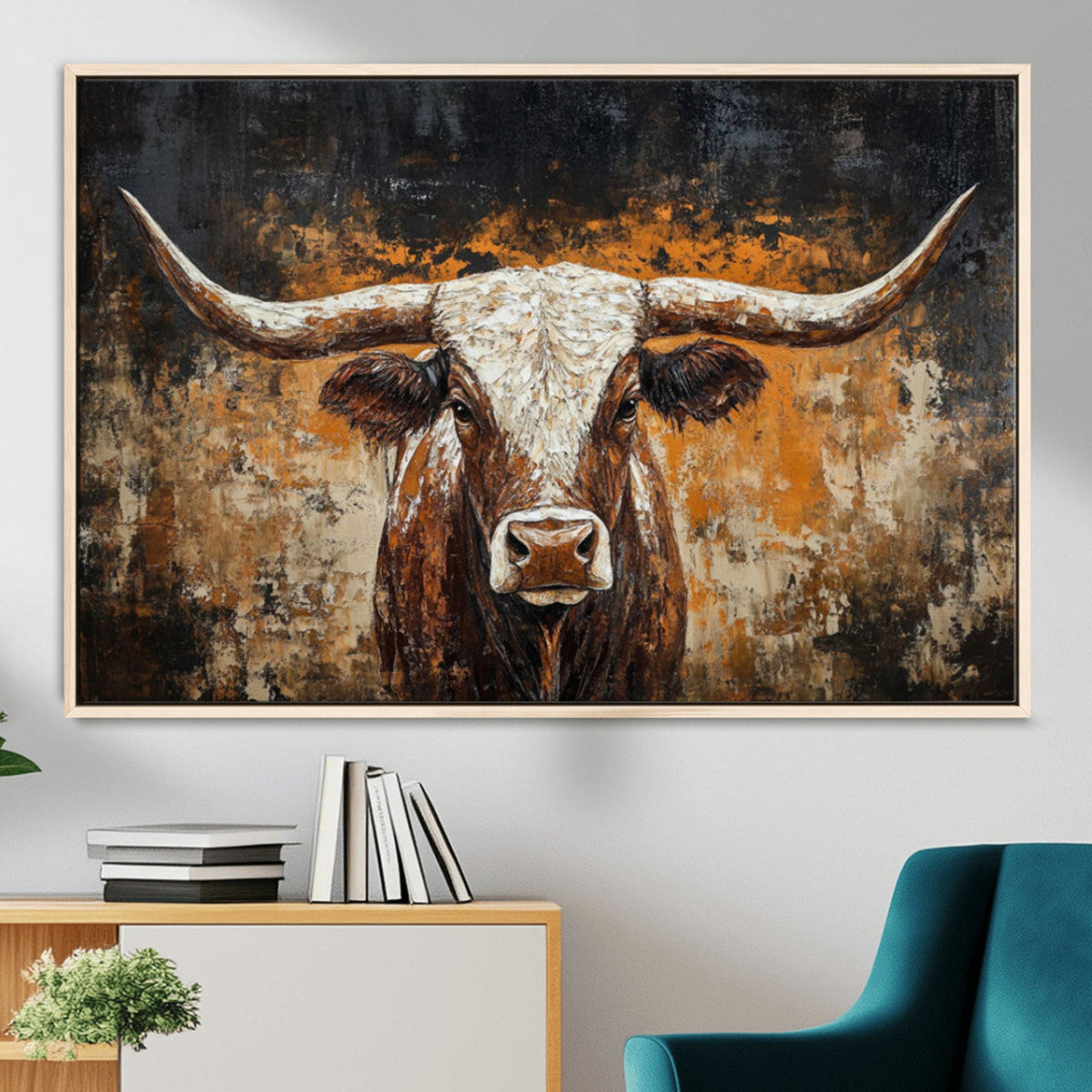 Abstract Longhorn Bull Wall Art Canvas Print, Vintage Western Texas Steer Artwork