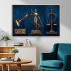 Lady Justice Wall Art Canvas Print, Elegant Gold Legal Symbols on Blue, Law Office Decor