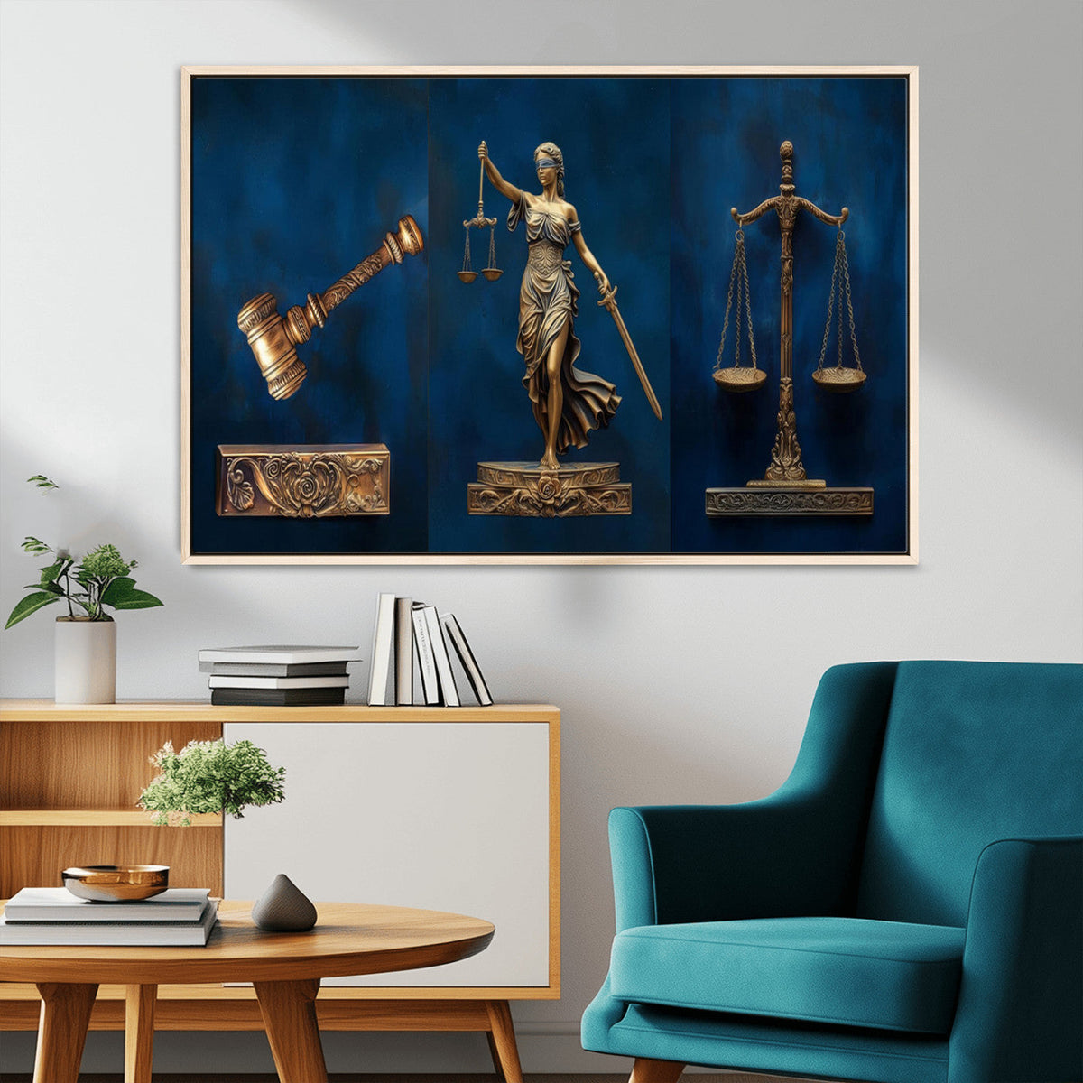Lady Justice Wall Art Canvas Print, Elegant Gold Legal Symbols on Blue, Law Office Decor