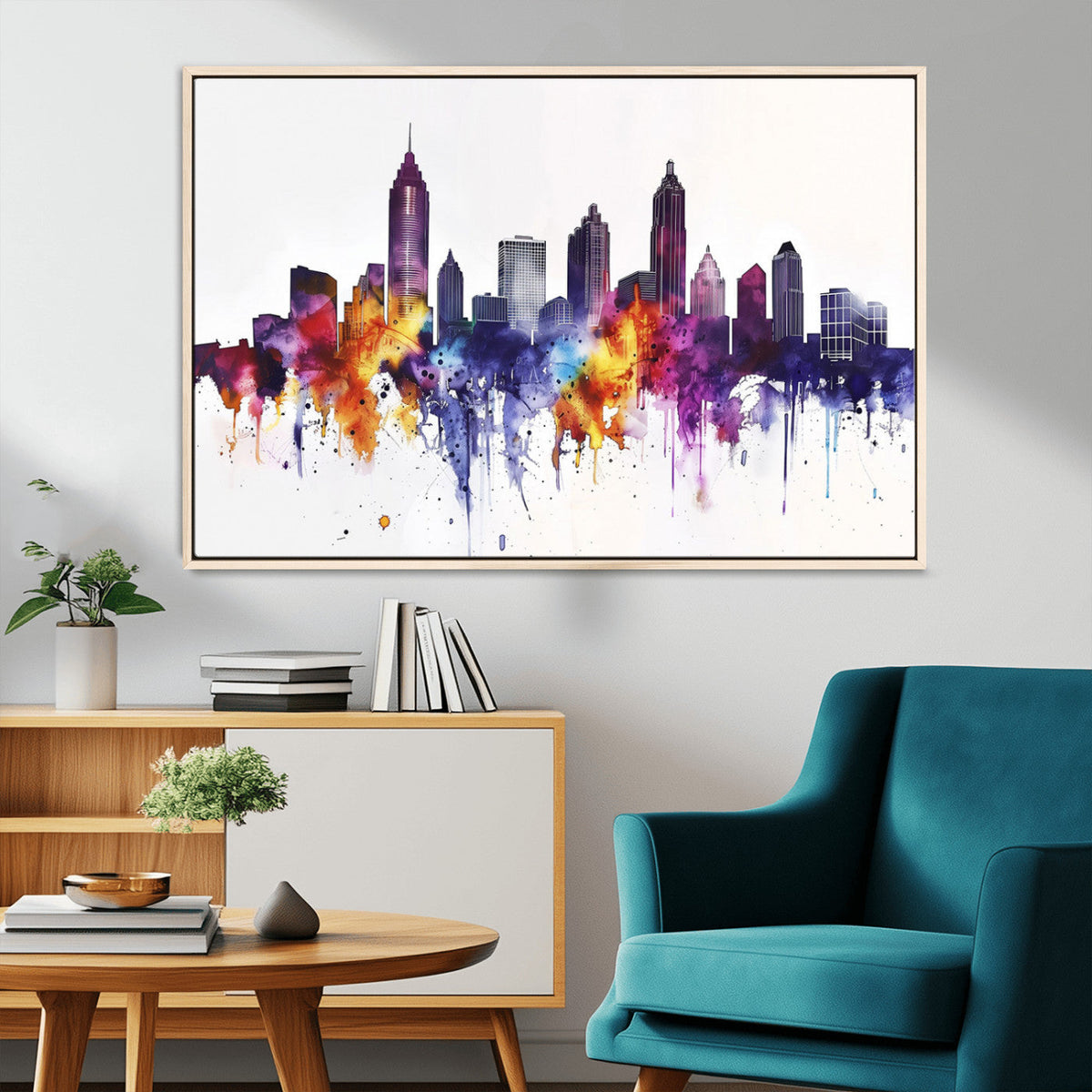 Atlanta Skyline Wall Art Canvas Print, Framed Colorful Watercolor Cityscape