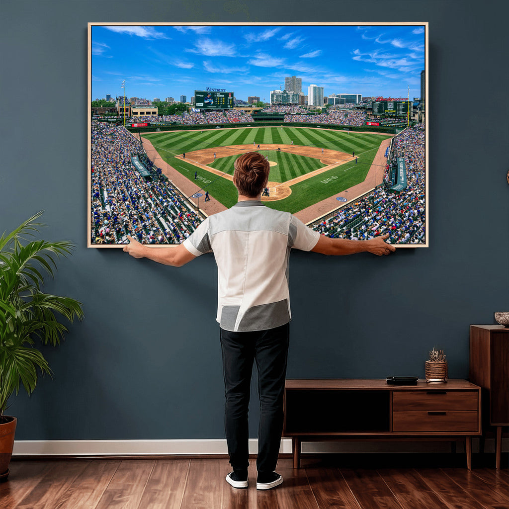 Wrigley Field Baseball Stadium Canvas Wall Art, Packed Crowd and Chicago Skyline