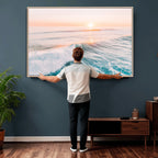 Sunset Surfing Wall Art Canvas Print, Ocean Wave Surfer with Golden Sky