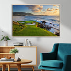 Coastal Golf Course Wall Art Canvas Print, Sunset with Rolling Green Fairways and Ocean Waves