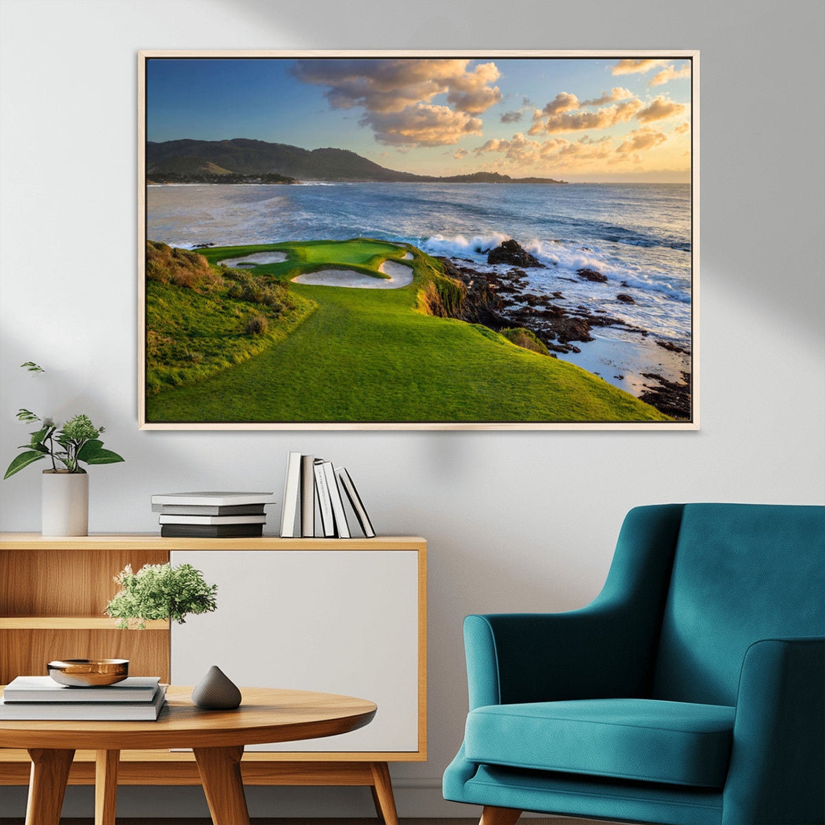 Coastal Golf Course Wall Art Canvas Print, Sunset with Rolling Green Fairways and Ocean Waves