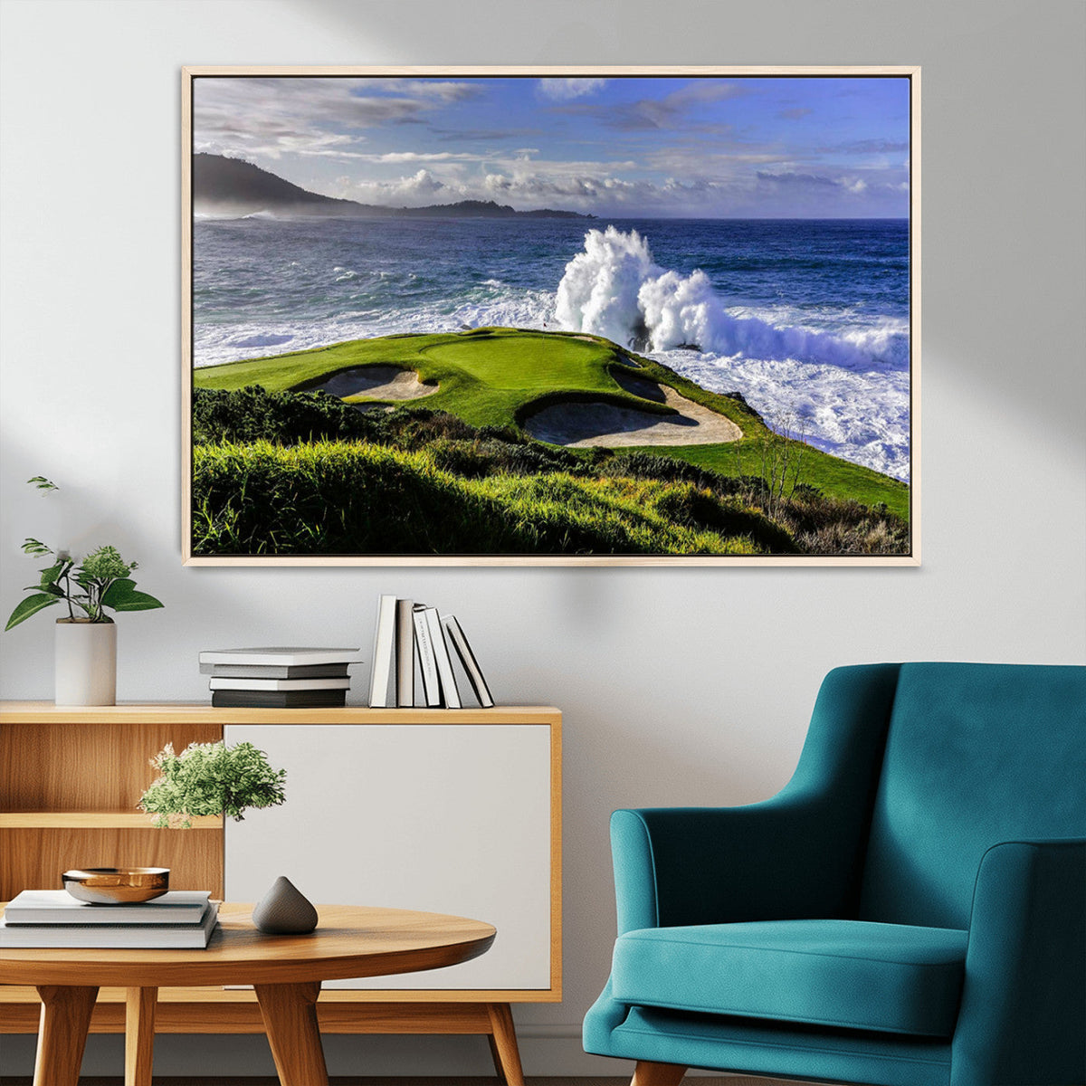 Ocean Waves Crashing Wall Art Canvas Print, Dramatic Rocky Coastline Near a Golf Course