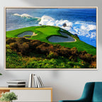 Coastal Golf Course Wall Art Canvas Print, Vibrant Green with Sand Bunkers and Ocean Waves