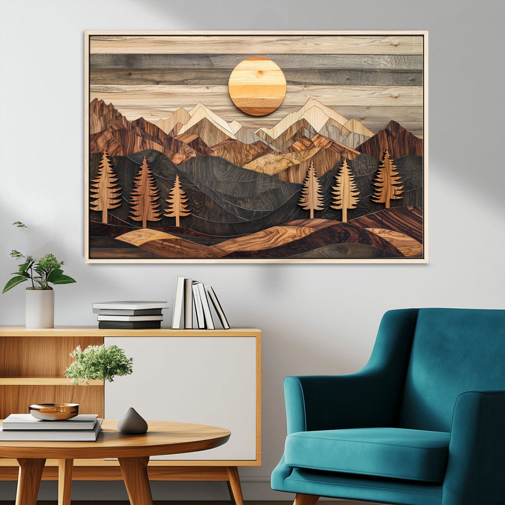 Wooden Mountain Layers Art | Rustic Pine Tree Landscape