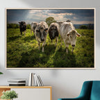 Grazing Cattle Herd Wall Art Canvas Print, Framed Green Pasture Farm Scene
