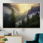 Misty Forest Sunrise Wall Art Canvas Print, Framed Mountain Valley Pine Trees