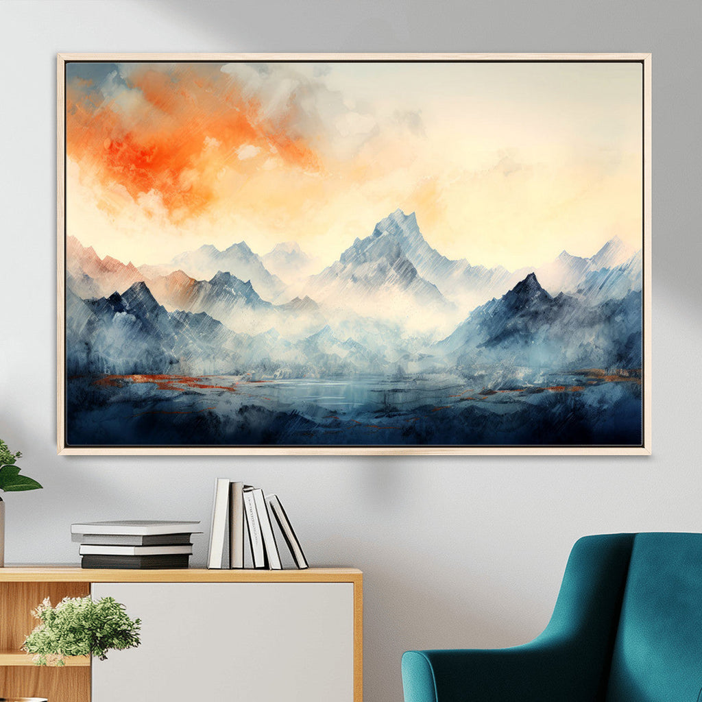 Warm Clouds Abstract Mountain Wall Art, Modern Landscape Canvas Print