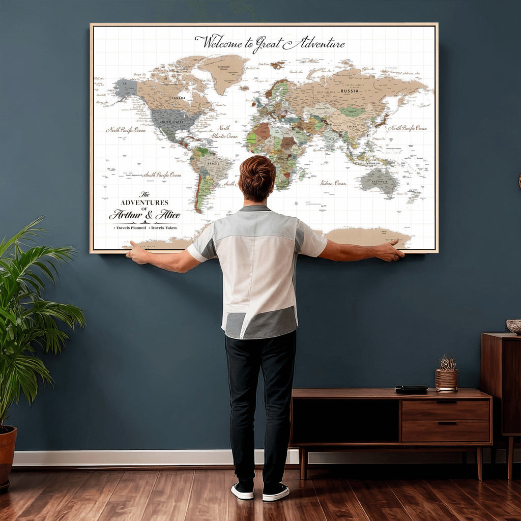 Custom Beige Push Pin World Map Wall Art, Bucket List Map, Study and Hallway Decor