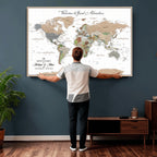 Custom Beige Push Pin World Map Wall Art, Bucket List Map, Study and Hallway Decor