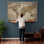 Personalized Beige Geometric World Map Canvas with Push Pins, Next Trip Planner Map, Study and Entryway Decor