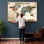 Personalized Beige Grunge World Map Canvas with Push Pins, Next Trip Planner Map, Family Room and Home Office Decor