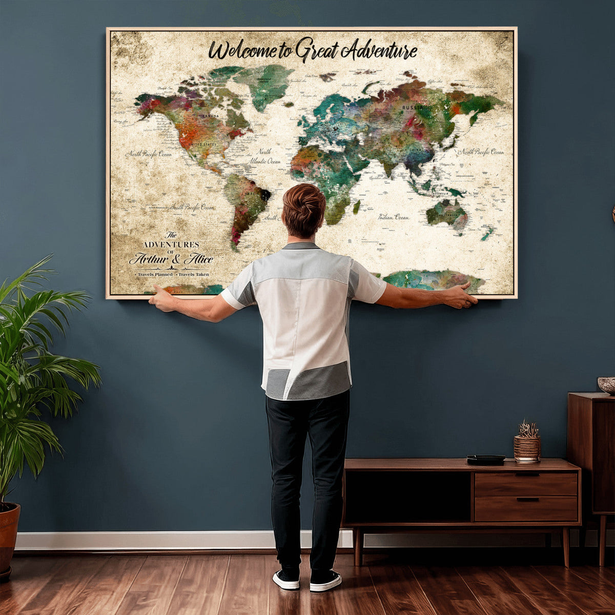 Personalized Beige Grunge World Map Canvas with Push Pins, Next Trip Planner Map, Family Room and Home Office Decor