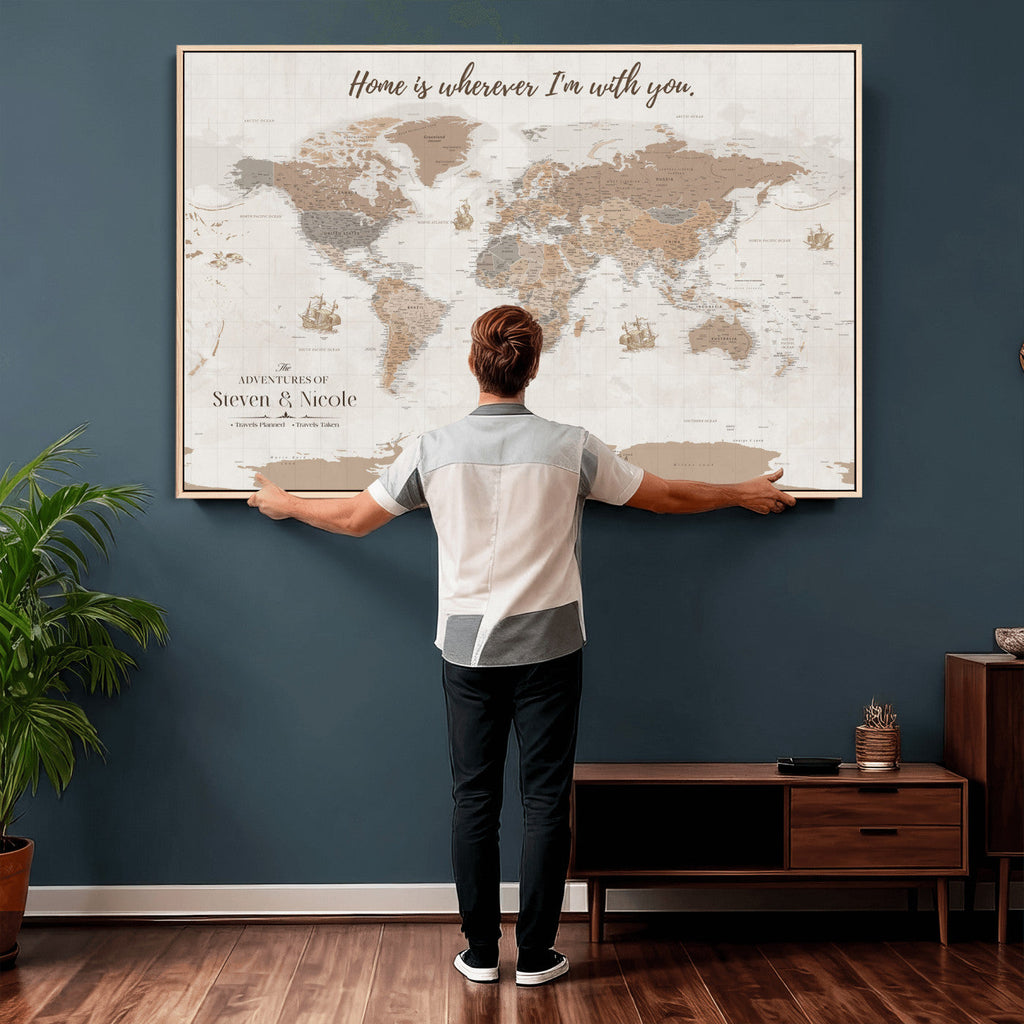 Personalized Beige Geometric Push Pin World Map Canvas Print, Countries Visited Map, Study and Home Office Decor