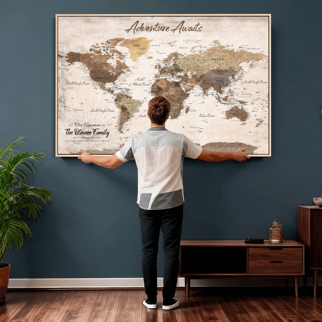 Custom Push Pin World Map Wall Art Canvas Print | Personalized Travel Tracker