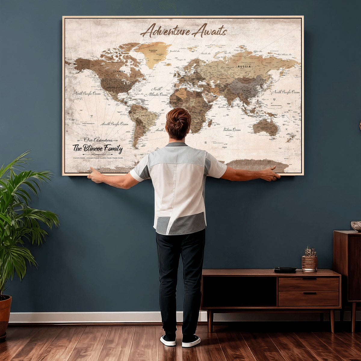 Custom Push Pin World Map Wall Art Canvas Print | Personalized Travel Tracker