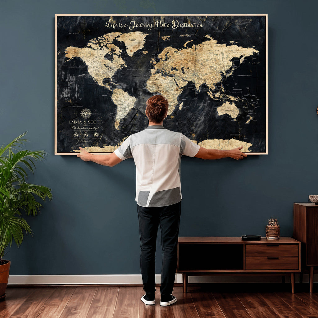 Custom Black Modern Push Pin World Map Wall Art, Next Trip Planner Map, Home Office and Entryway Decor