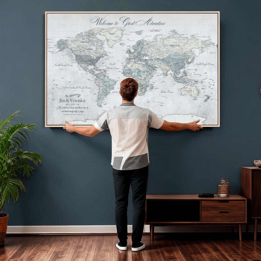 Personalized Beige Antique Push Pin World Map Canvas Print, Family Travel Tracker, Family Room and Entryway Decor
