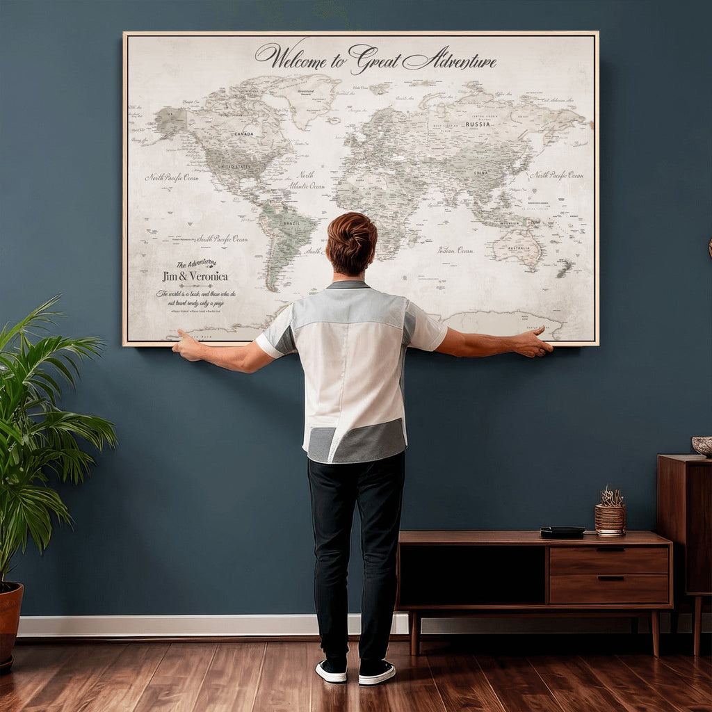 Personalized Beige World Map Canvas with Push Pins, Places Visited Tracker, Family Room and Entryway Decor