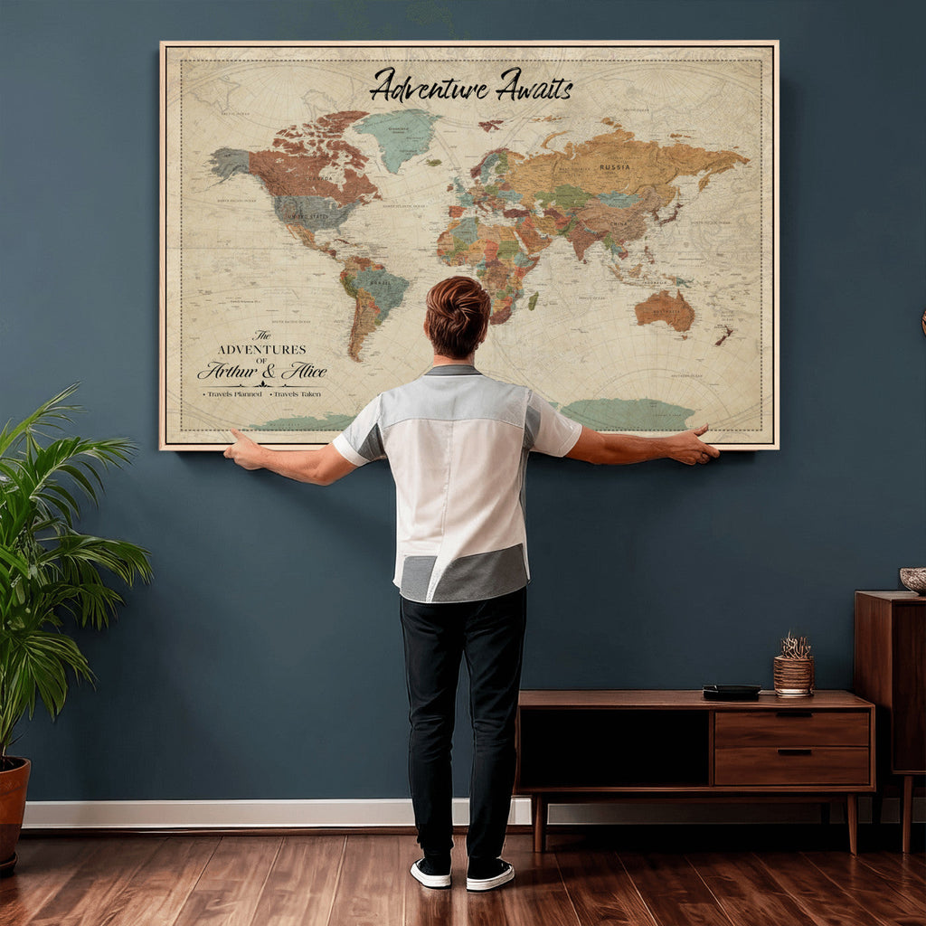 Custom Beige Push Pin World Map Canvas Print, Next Trip Planner Map, Family Room and Study Decor
